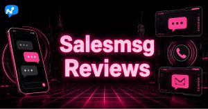 Salesmsg Reviews banner with neon phone showing chat bubbles beside call and email icons