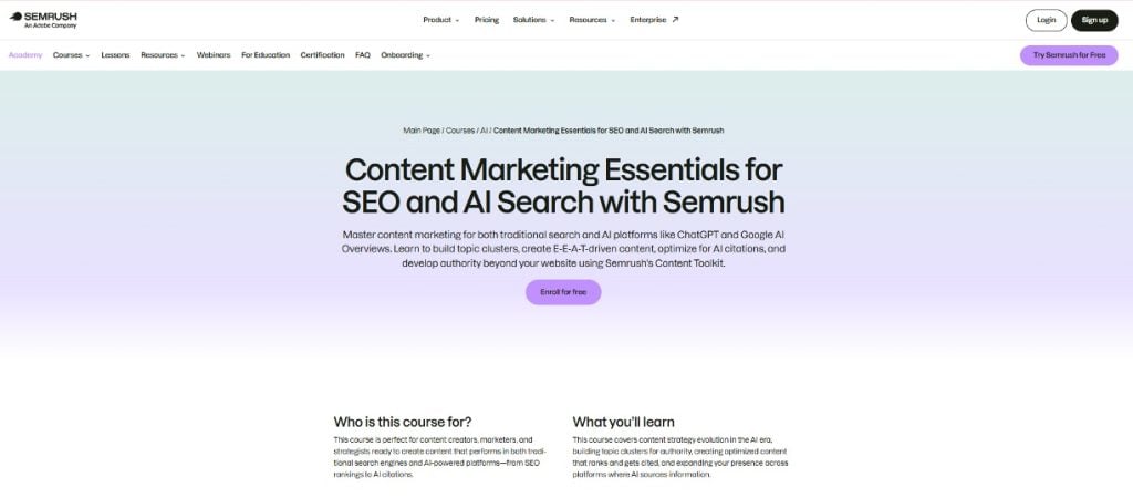 Semrush Academy course page for Content Marketing Essentials for SEO and AI Search, showing the course description, enroll button, target audience, and learning objectives
