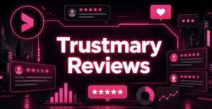 Trustmary Reviews title over neon review cards, star ratings, and analytics charts on dark background
