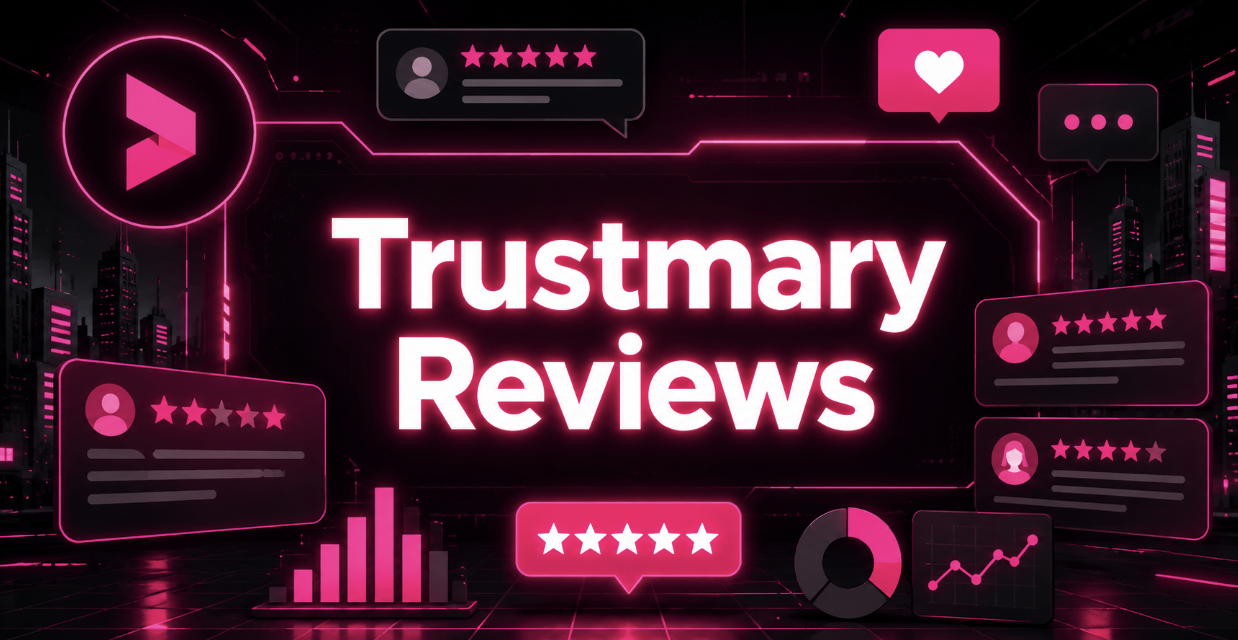 Trustmary Reviews title over neon review cards, star ratings, and analytics charts on dark background