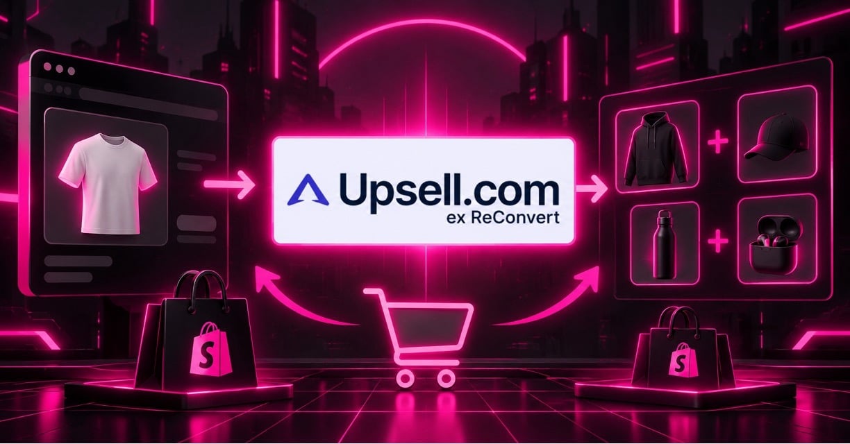 Upsell app logo with neon ecommerce interface elements