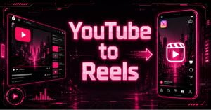 “YouTube to Reels” neon cyberpunk banner showing a YouTube desktop player sending a clip via arrow to an Instagram Reels mobile screen