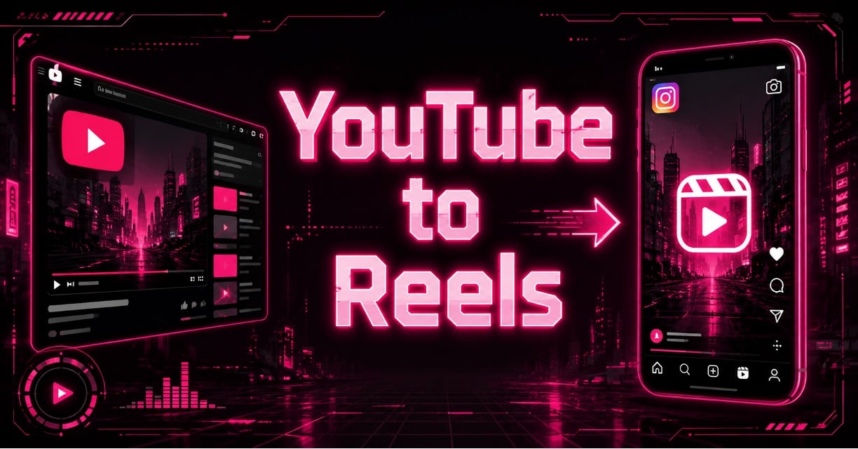“YouTube to Reels” neon cyberpunk banner showing a YouTube desktop player sending a clip via arrow to an Instagram Reels mobile screen