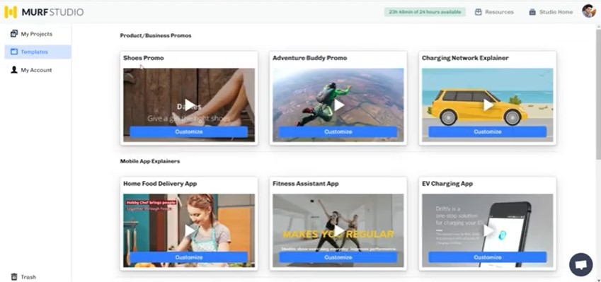 Murf Studio dashboard displaying video template thumbnails for promos and app explainers.