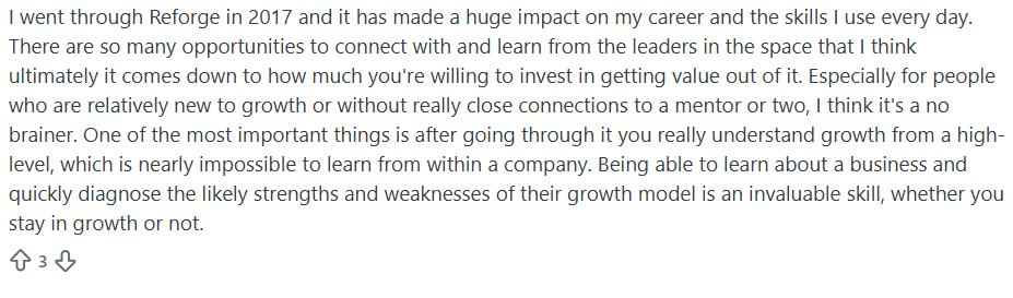 Reddit review from a Reforge member since 2017 praising the career impact, peer network, and the ability to understand growth at a high level.