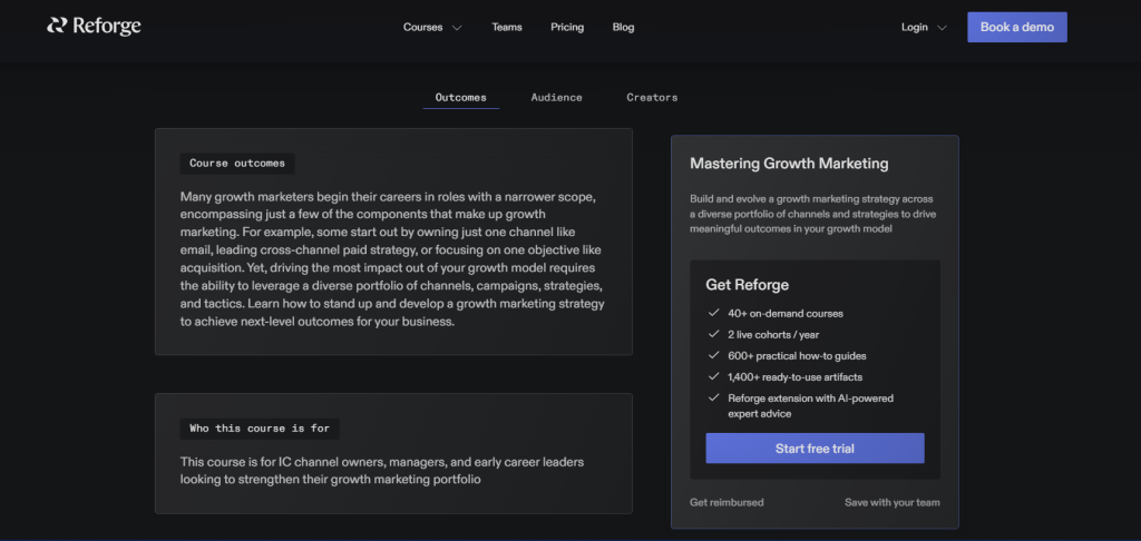 Reforge Mastering Growth Marketing course page showing course outcomes, target audience, and membership benefits.