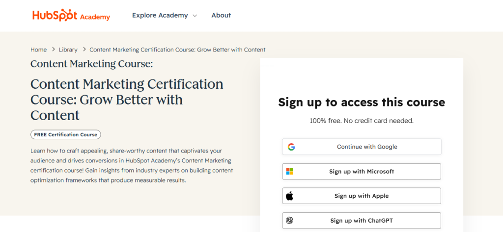 HubSpot Academy Content Marketing Certification course page showing the course title and sign-up options.