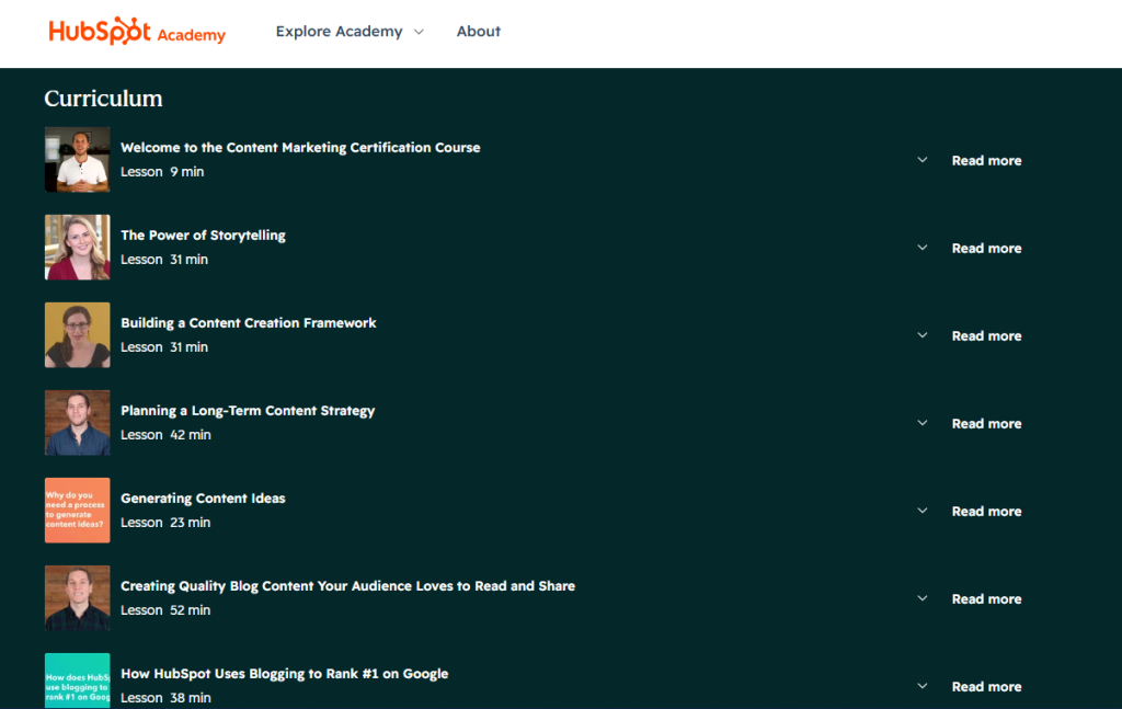 HubSpot Academy Content Marketing Certification curriculum showing lessons on storytelling and content creation frameworks.