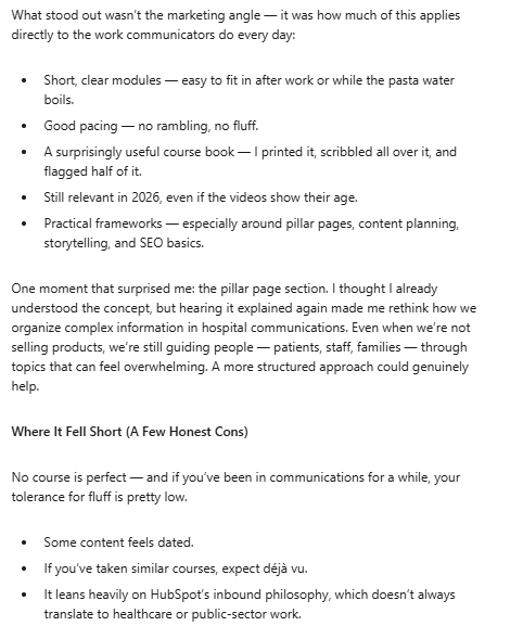 LinkedIn review of the HubSpot Content Marketing Certification highlighting practical frameworks, clear modules, and noting some dated content as a drawback.