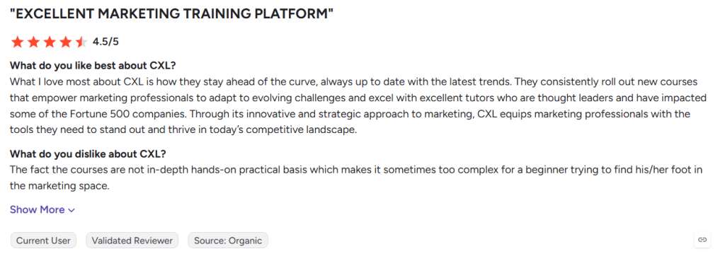 G2 review praising the up-to-date curriculum and expert instructors while noting the content can be complex for beginners.