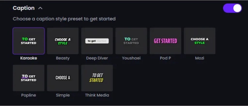 OpusClip caption style selector panel showing nine preset options including Karaoke, Beasty, and Deep Diver.