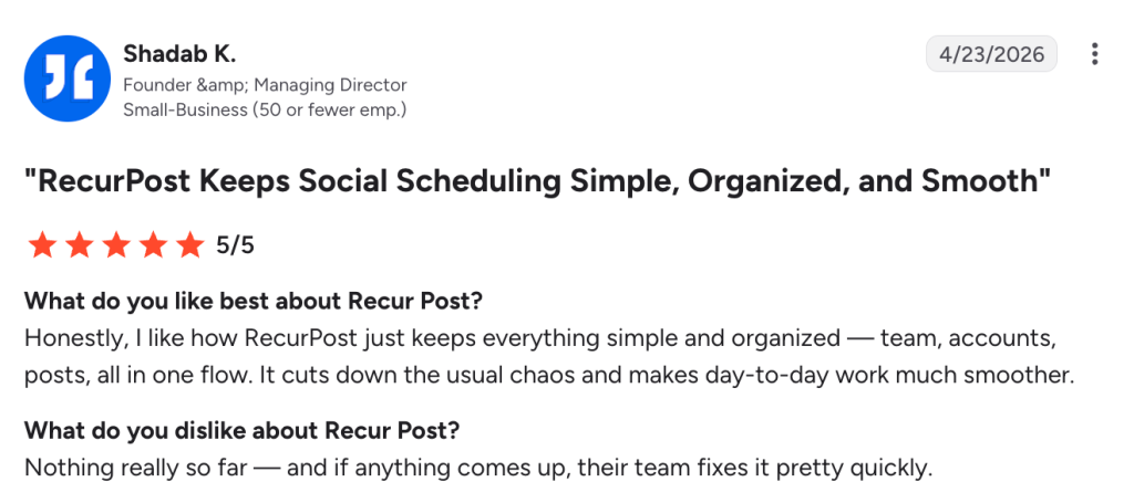 Review highlighting how simple and organized RecurPost is.