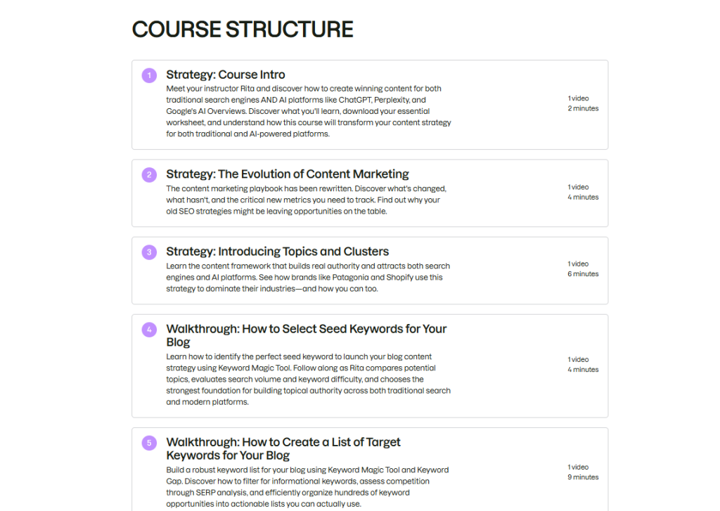 Semrush Academy course structure showing the first five lessons covering strategy, content marketing evolution, topic clusters, seed keyword selection, and target keyword list creation.