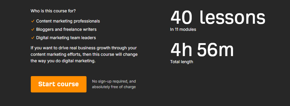 Ahrefs Blogging for Business course overview showing 40 lessons in 11 modules, 4 hours 56 minutes total, with no sign-up required.