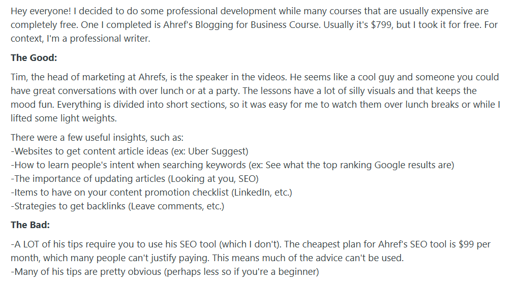 User review of the Ahrefs Blogging for Business course listing pros like useful SEO insights and cons like tool dependency and obvious tips for beginners.