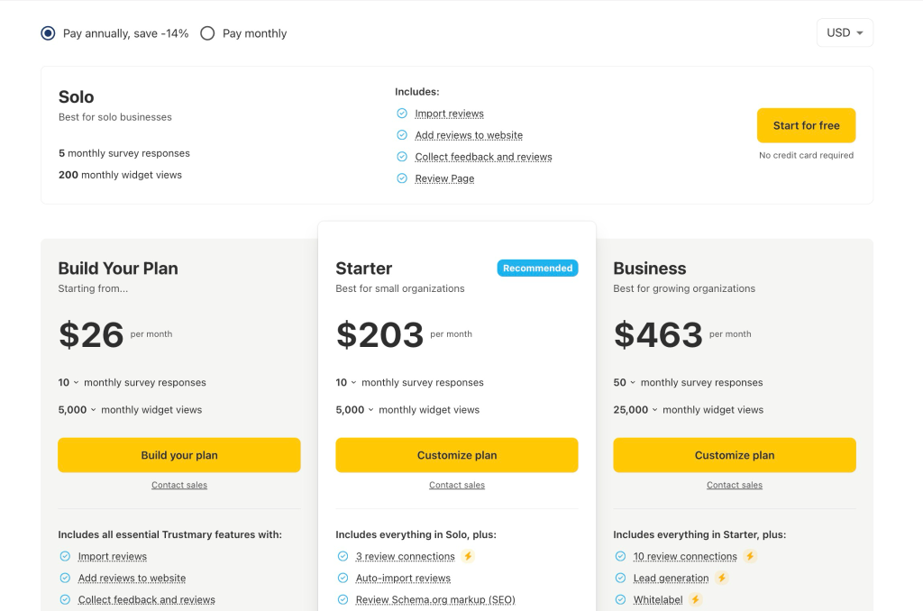 Trustmary pricing page showing Solo, Build Your Plan, Starter and Business tiers with monthly rates.