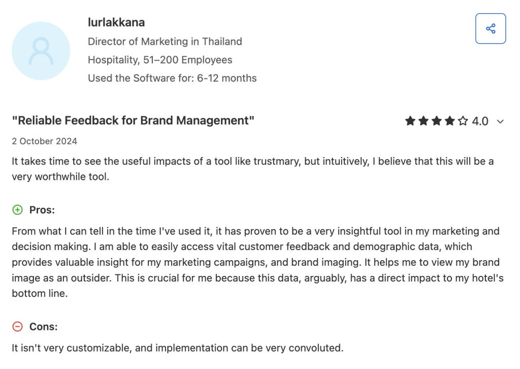 A Capterra review of Trustmary noting limited customization and convoluted implementation alongside useful demographic feedback.
