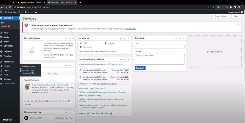 WordPress admin dashboard with Add New Plugin selected, Trustmary dashboard open in a browser tab.
