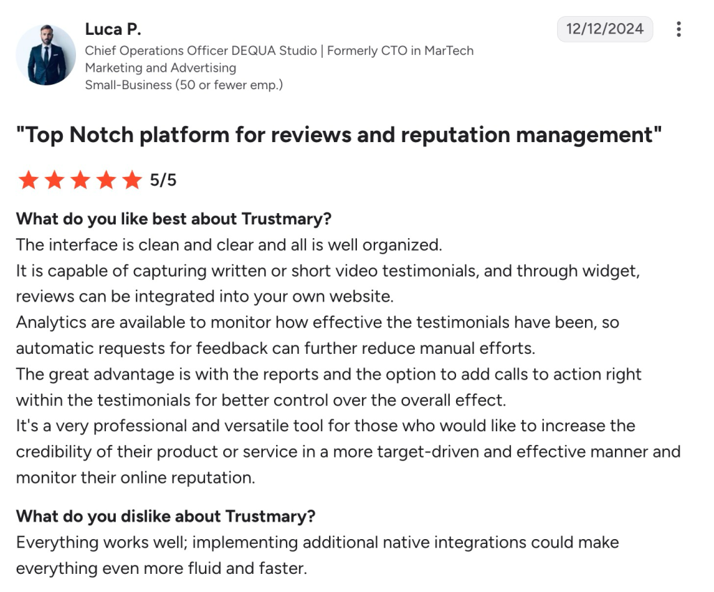 G2 review of Trustmary from Luca P. praising the clean interface, video testimonials, and analytics.