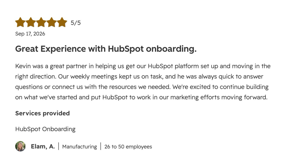 HubSpot Solutions Directory review praising Media Junction's onboarding support and weekly meetings from a manufacturing client.