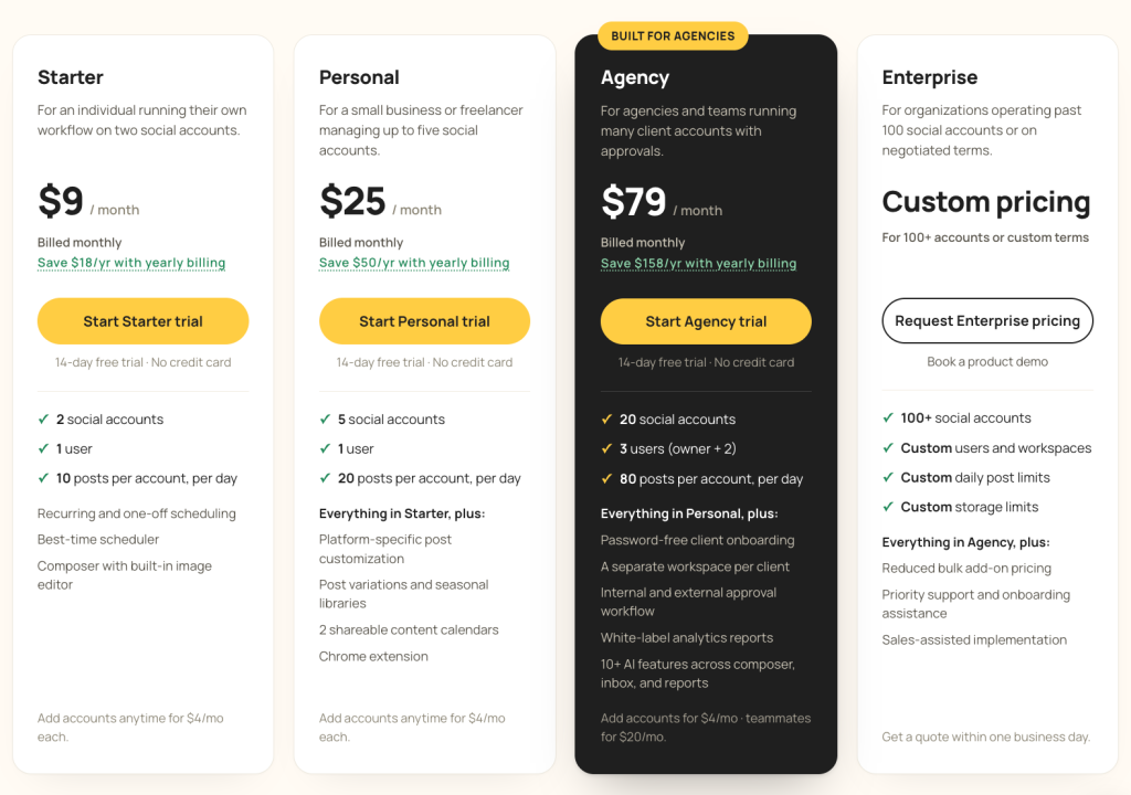 RecurPost’s different packages, with monthly billing