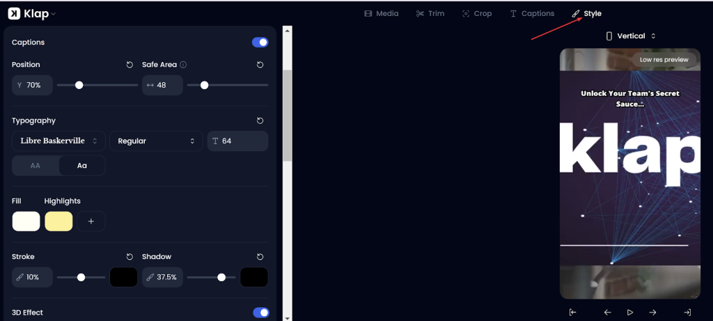 Klap editor Style tab showing caption customization options with the text "Unlock Your Team's Secret Sauce…" on a vertical video preview.