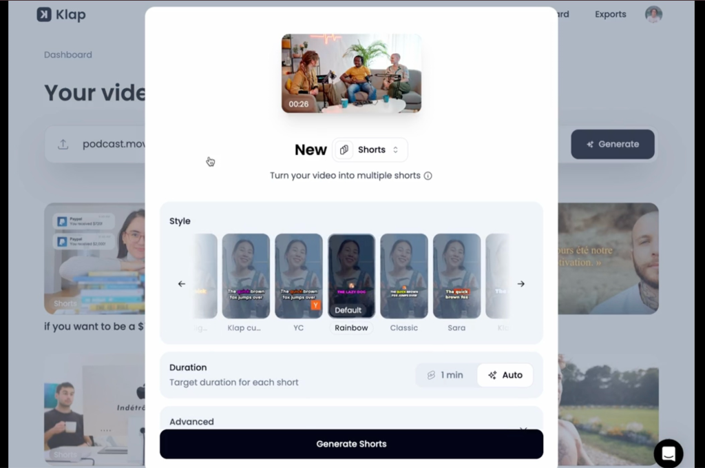 Klap dashboard showing the "New Shorts" panel with caption style options and a "Generate Shorts" button.