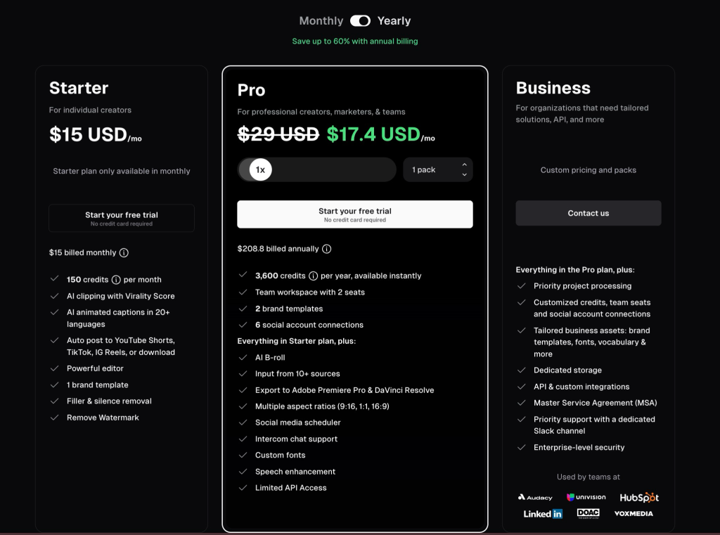OpusClip pricing page showing Starter, Pro, and Business subscription tiers on a dark background.