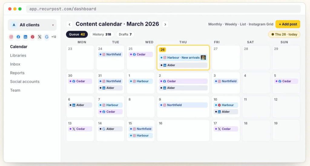 RecurPost content calendar dashboard.
