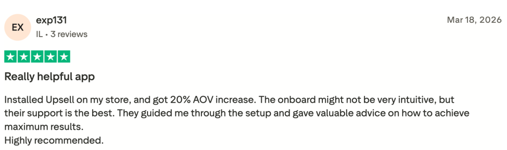 Review highlighting Upsell.com’s support in the onboarding process
