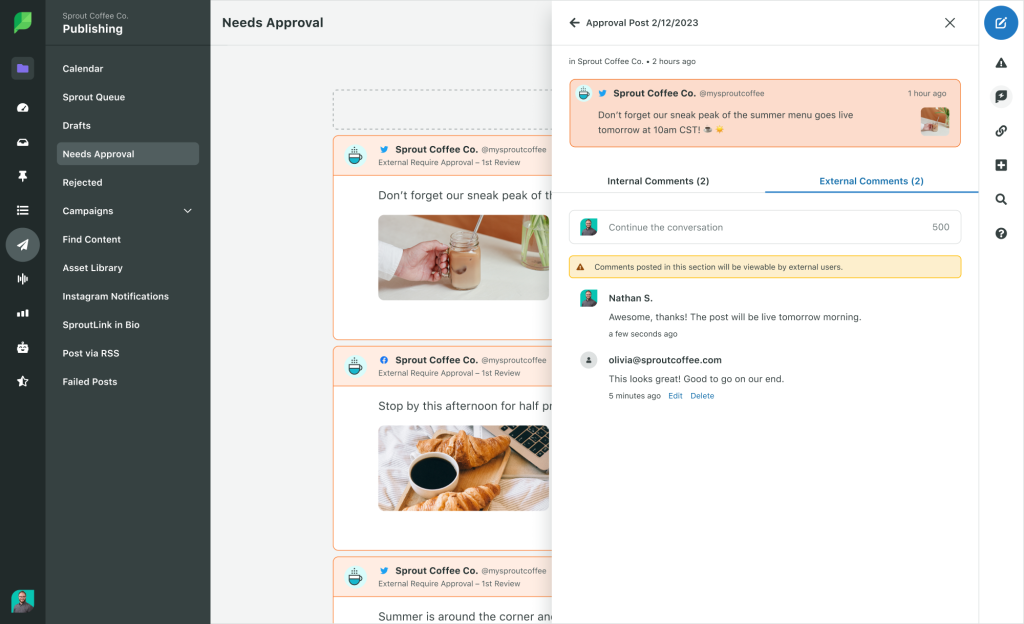 Sprout Social Publishing dashboard showing a post approval workflow with external team comments.
