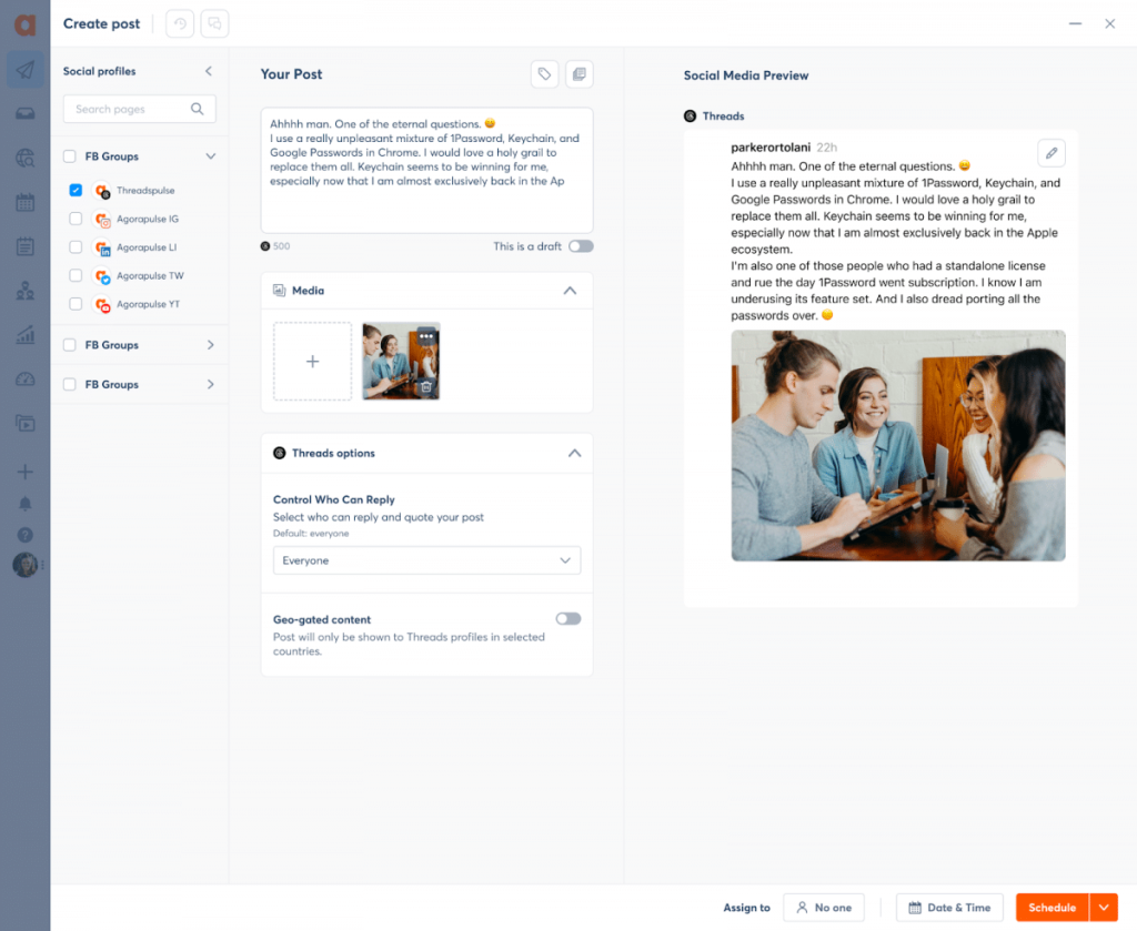 Agorapulse's Create Post dashboard composing a Threads draft with a live social media preview.