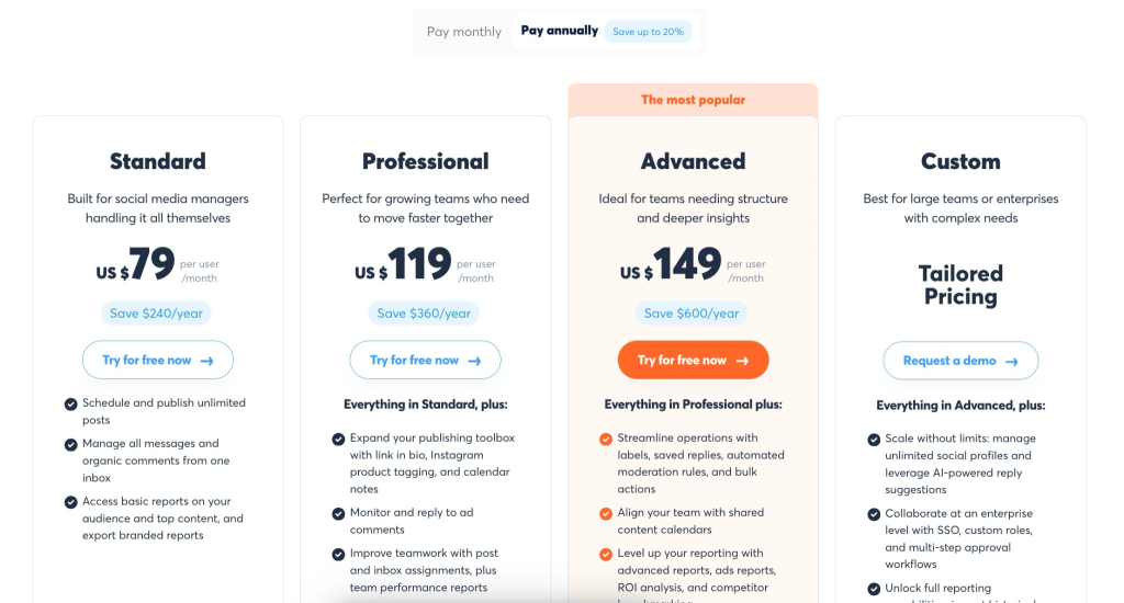 Agorapulse pricing page showing four plans: Standard, Professional, Advanced, and Custom, with an annual billing toggle and "Try for free now" buttons.