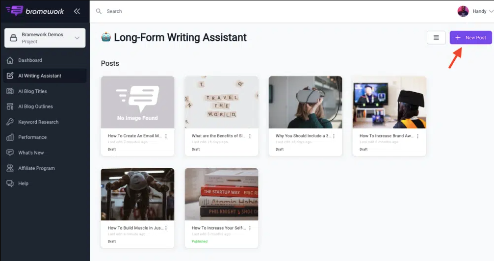 Screenshot showing how Bramework generates long-form blog posts and tags them under “published” or “drafts.”