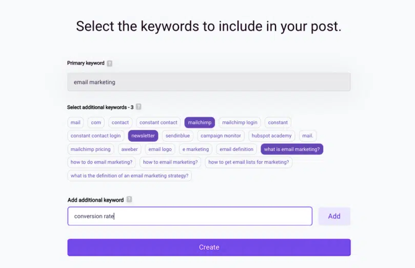 Screenshot showing how Bramework generates primary and secondary keywords based on your content goals.