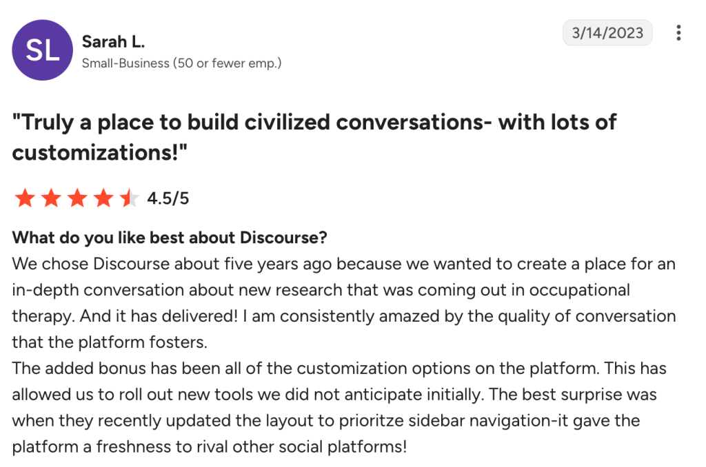 Review highlighting how Discourse has helped with community discussions and conversations
