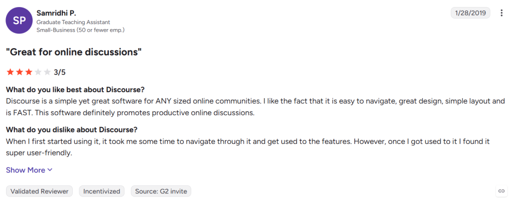 G2 review of Discourse highlighting a learning curve, with the reviewer saying it took time to navigate and get used to the features but became easier and more user-friendly over time.