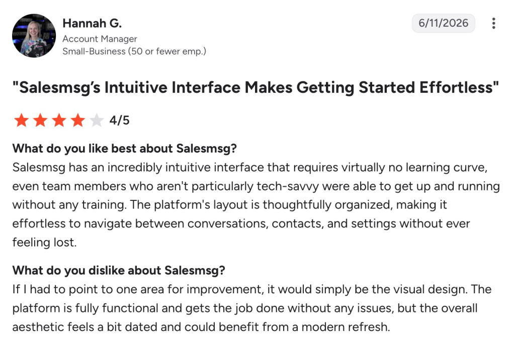 G2 review from Hannah G. praising Salesmsg's intuitive interface while calling the design dated.