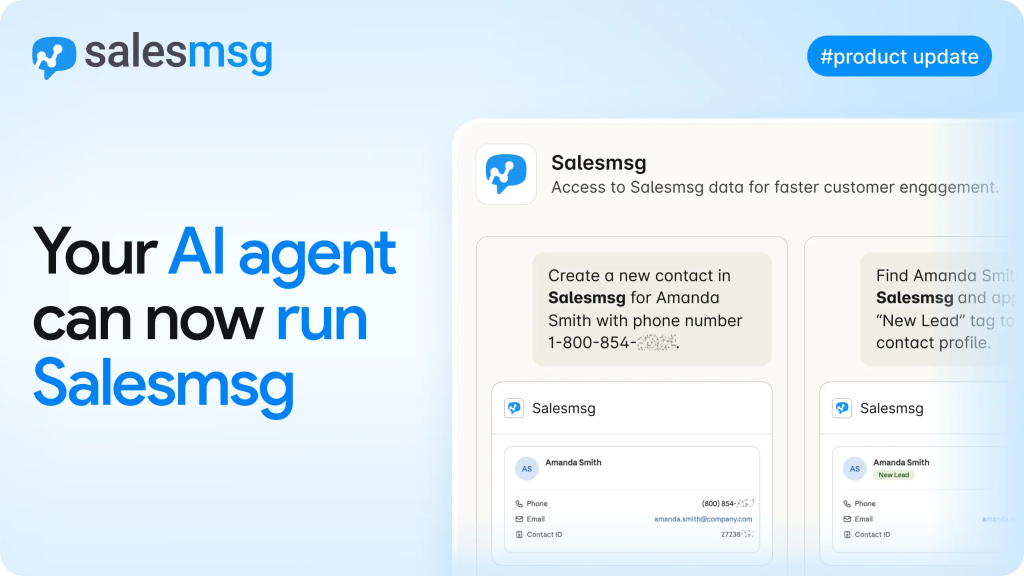 Salesmsg product update graphic showing an AI agent creating and tagging a contact record.