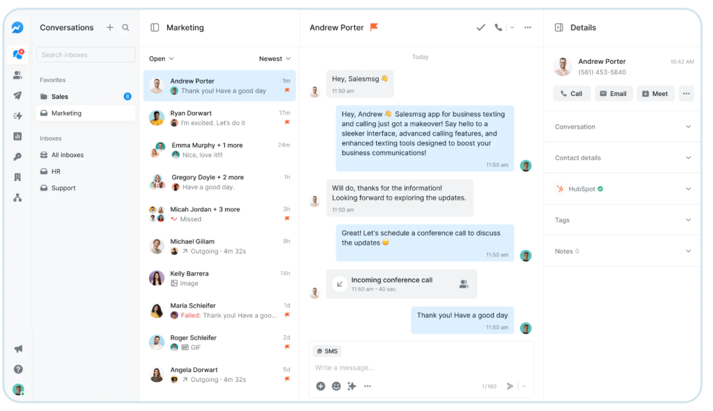 Salesmsg shared inbox showing conversation list, SMS thread with Andrew Porter, and HubSpot contact details.