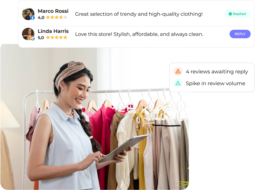 PromoRepublic reviews dashboard showing star ratings, reply buttons, and alerts over a store owner using a tablet.