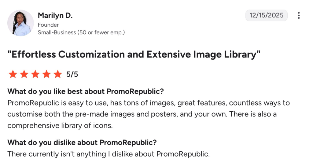 PromoRepublic review from small business founder Marilyn D. praising customization options and extensive image library.