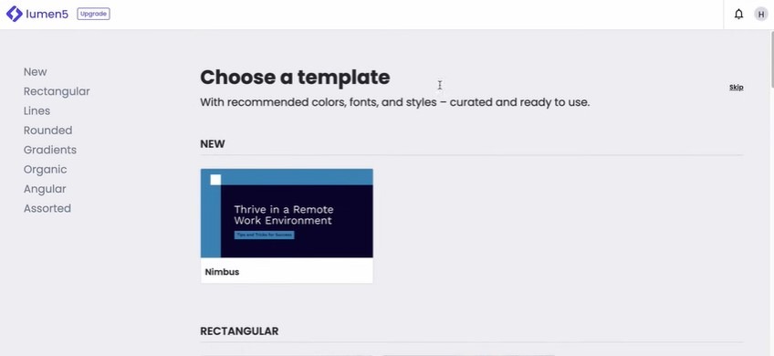 Lumen5 editor screen titled 'Choose a template' with style categories listed on the left.