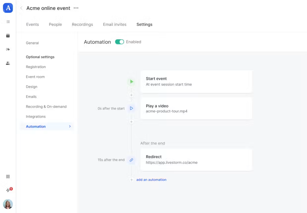 Livestorm automation settings for an event, with a workflow that starts the session, plays a recorded video, and redirects attendees 15 seconds after the end.