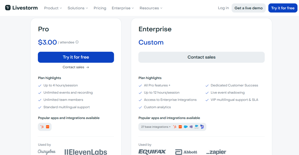 Livestorm pricing page showing the Pro plan at $3.00 per attendee and a custom-priced Enterprise plan.