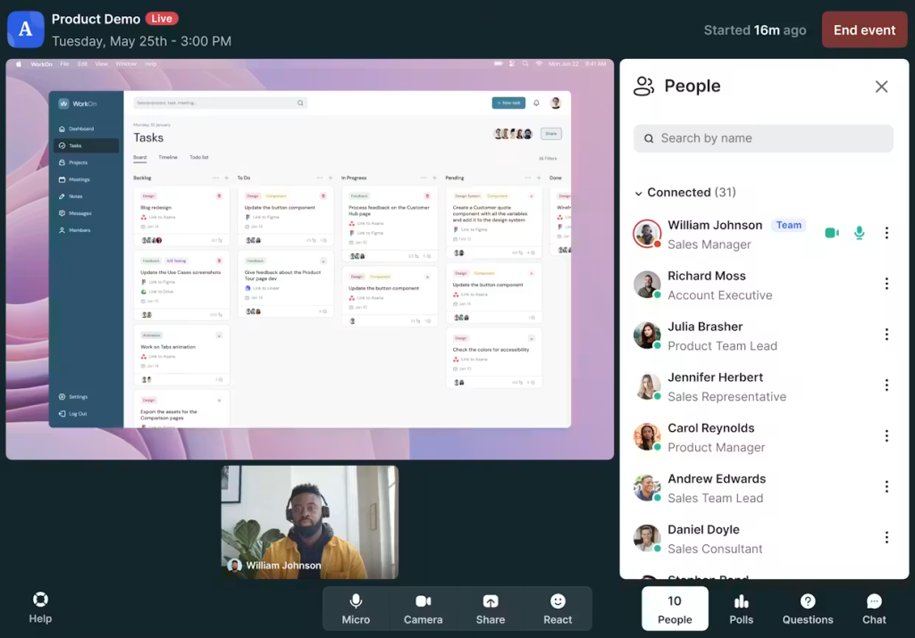 Livestorm event room during a live product demo, showing the attendee list and tabs for polls, questions and chat.