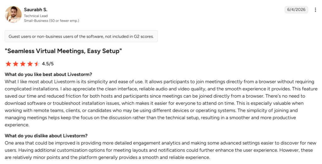 G2 review of Livestorm praising browser-based joining and asking for deeper engagement analytics.