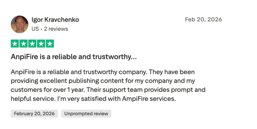 A 5-star AmpiFire review on Trustpilot praising reliable publishing and prompt, helpful support.