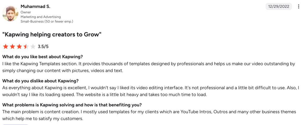 A 3.5-star Kapwing rating in G2, praising templates while criticizing editing usability and slow loading.