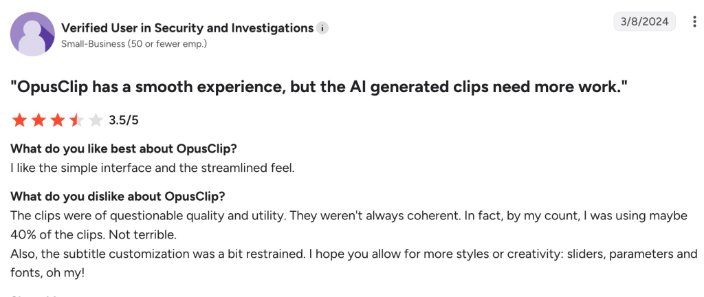 A 3.5/5 OpusClip review on G2, praising simplicity while criticizing clip quality and subtitle customization.